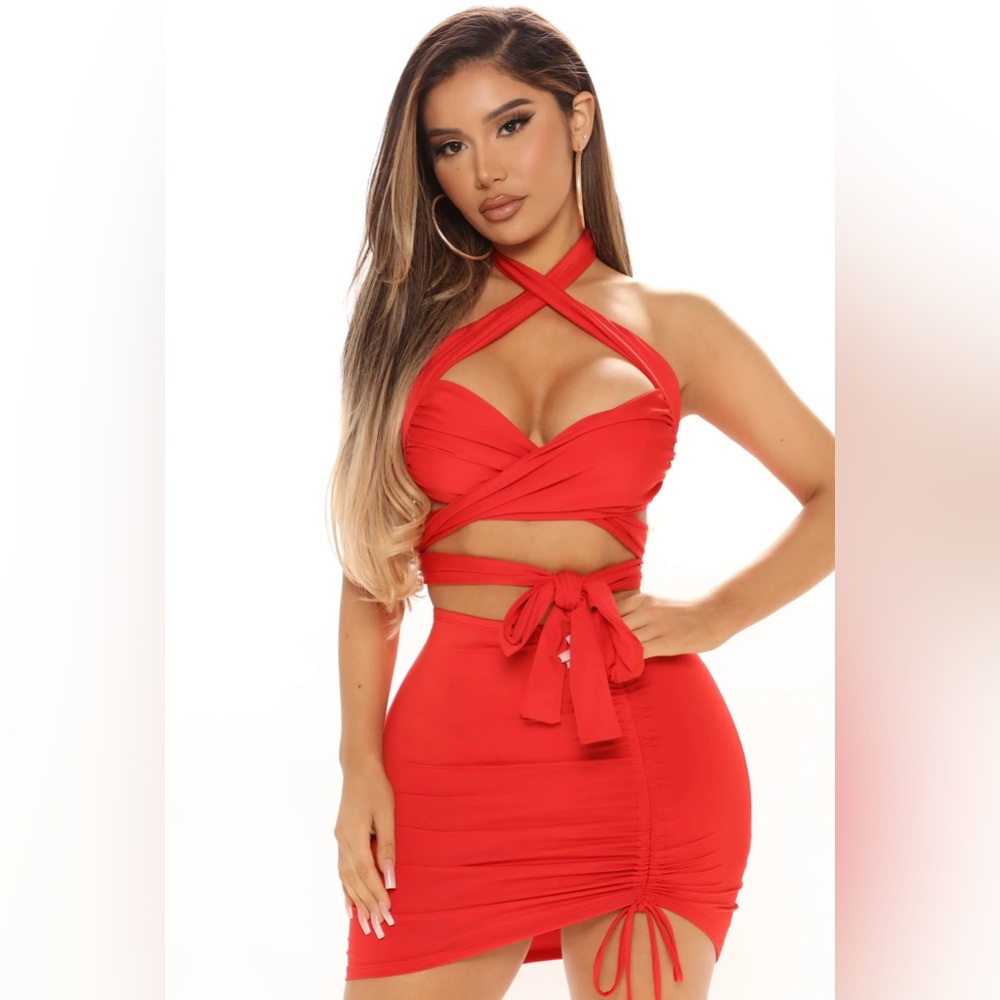 Fashion Nova Slay All Day Ruched Skirt Set Red